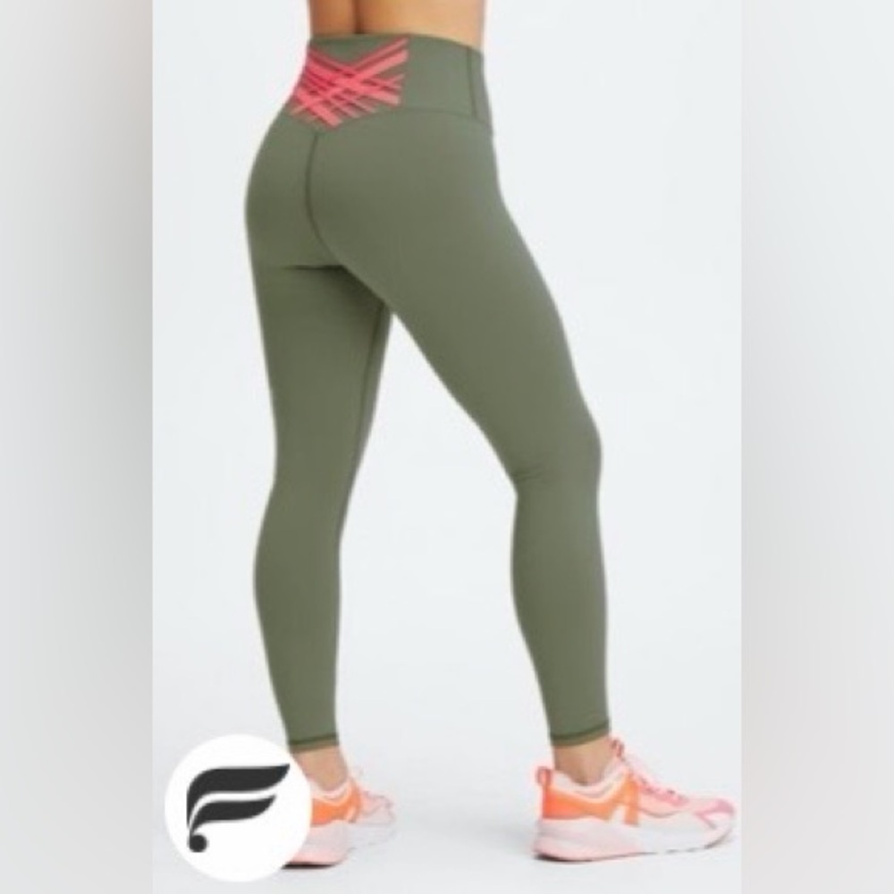 Fabletics Powerhold Green Leggings with Pink Crisscross Waistband. Size Small.